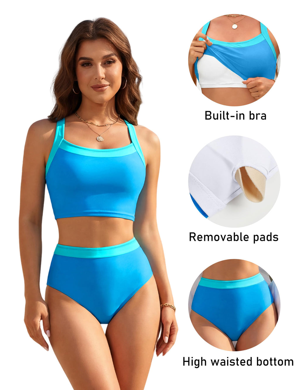 BMJL Womens High Waisted Bikini Sets Color Block Two Piece Swimsuits Sporty Supportive Bathing Suit 2026 Summer(M,Blue)