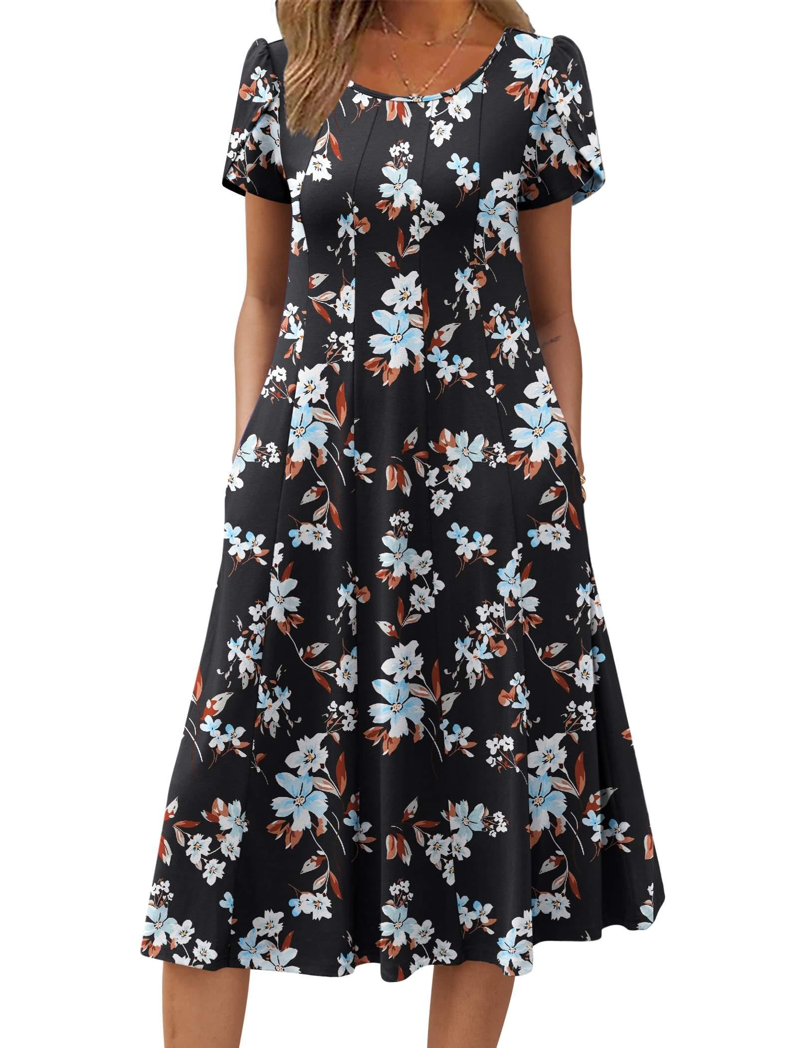 Zeagoo Plus Size Womens Casual Summer Dresses Midi Fit and Flare Dresses for Women Loose Fit Long Dress Black Flower