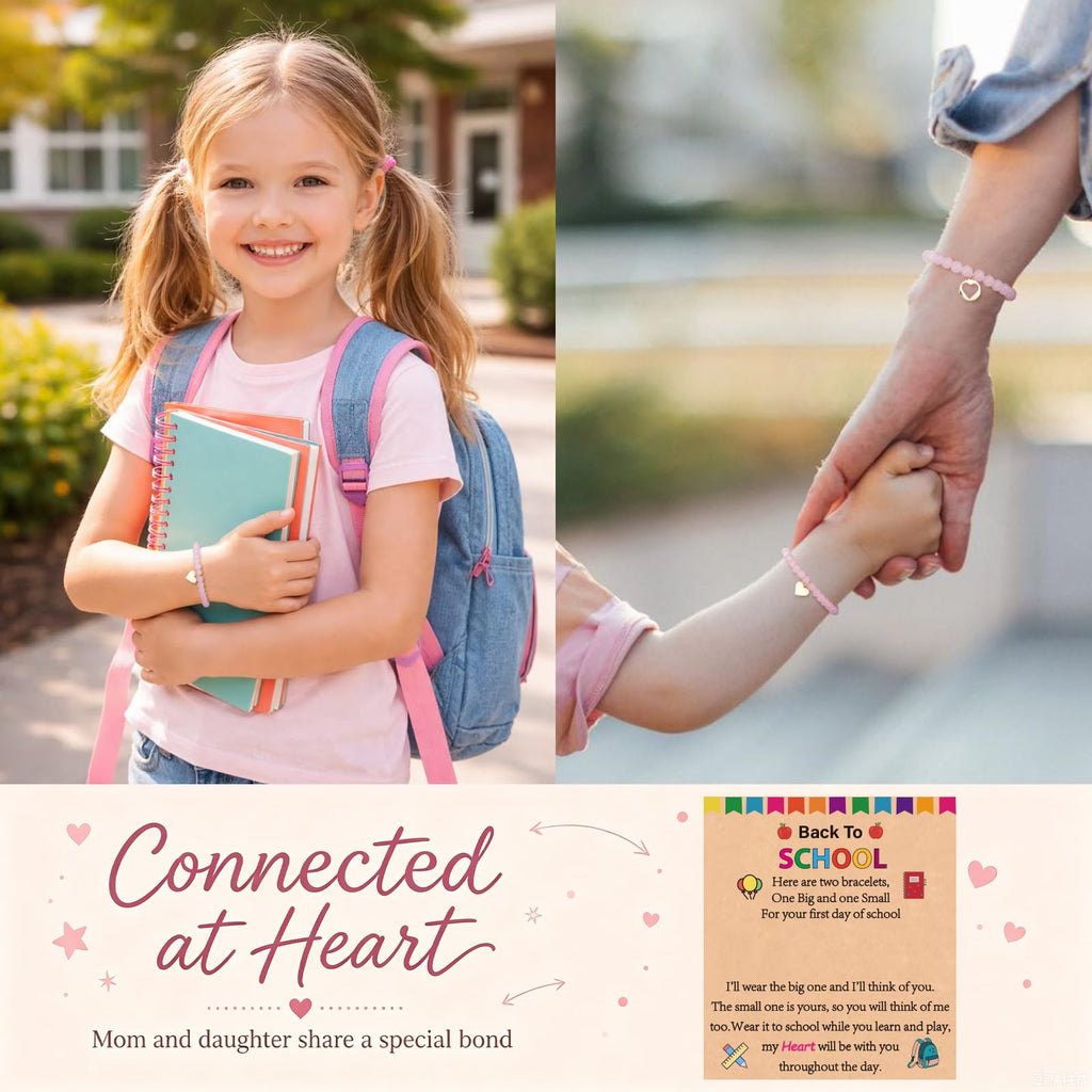 Gnamy Back to School Bracelets Gifts, Heart Matching Mommy and Me Bracelets Set First Day of School Jewelry Gifts for Mom Daughter Decorations Supplies Essentials Pink
