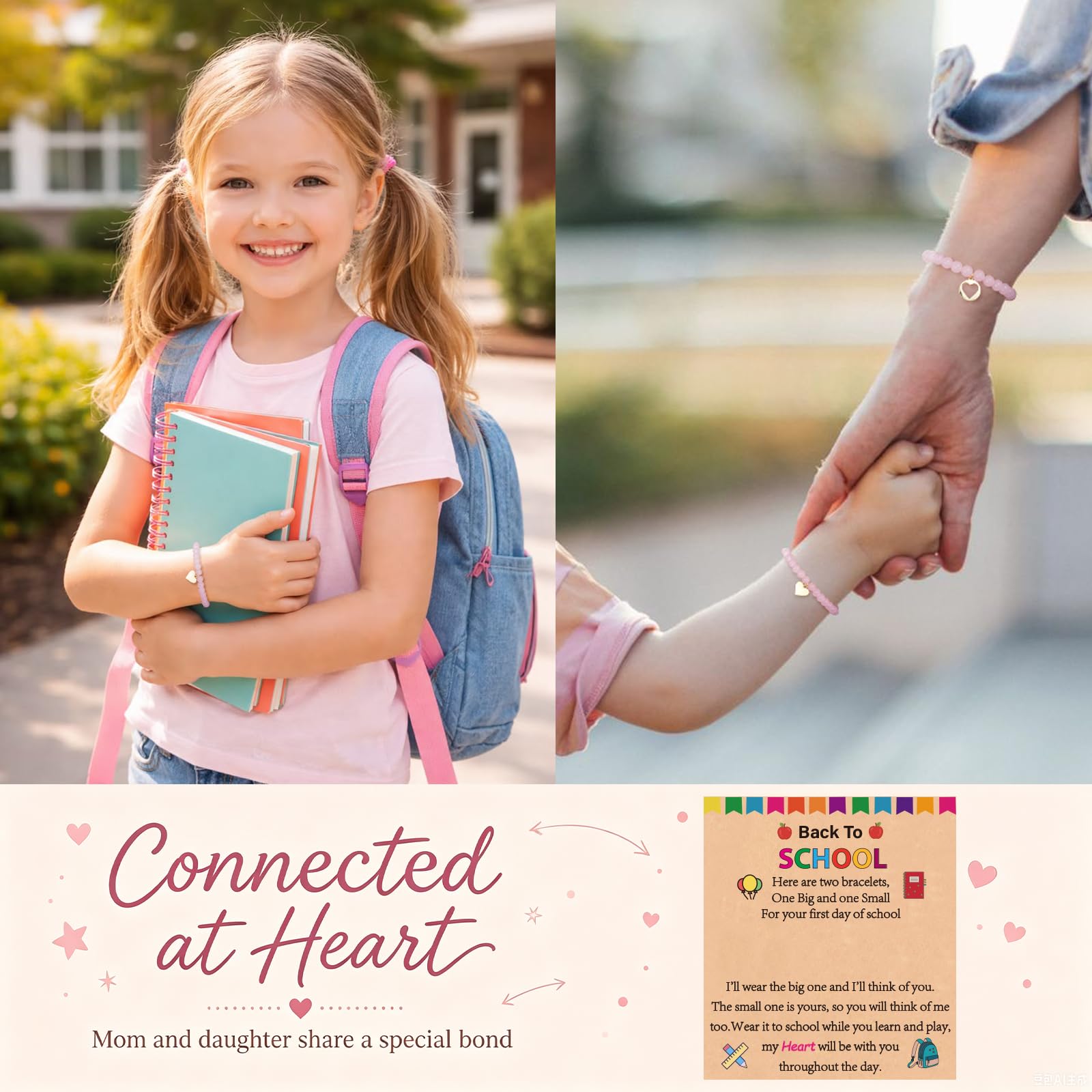 Gnamy Back to School Bracelets Gifts, Heart Matching Mommy and Me Bracelets Set First Day of School Jewelry Gifts for Mom Daughter Decorations Supplies Essentials Pink