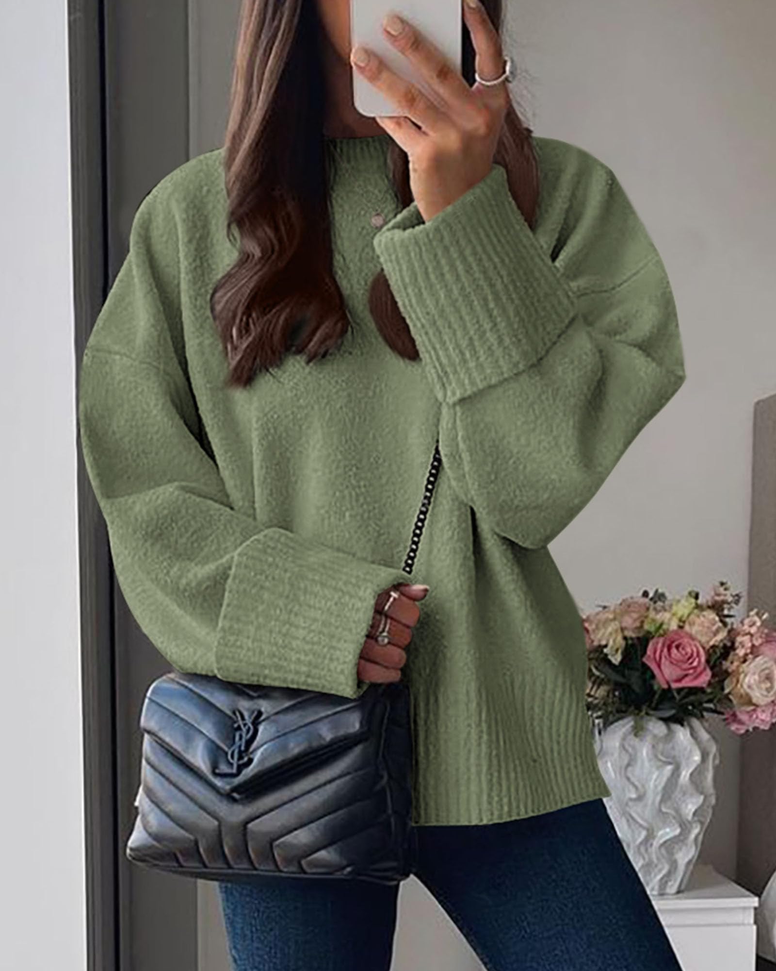 PRETTYGARDEN Women's Fall Oversized Sweaters Casual Crewneck Pullover Long Sleeve Fuzzy Chunky Knit Tops Blouse (Army Green,Large)