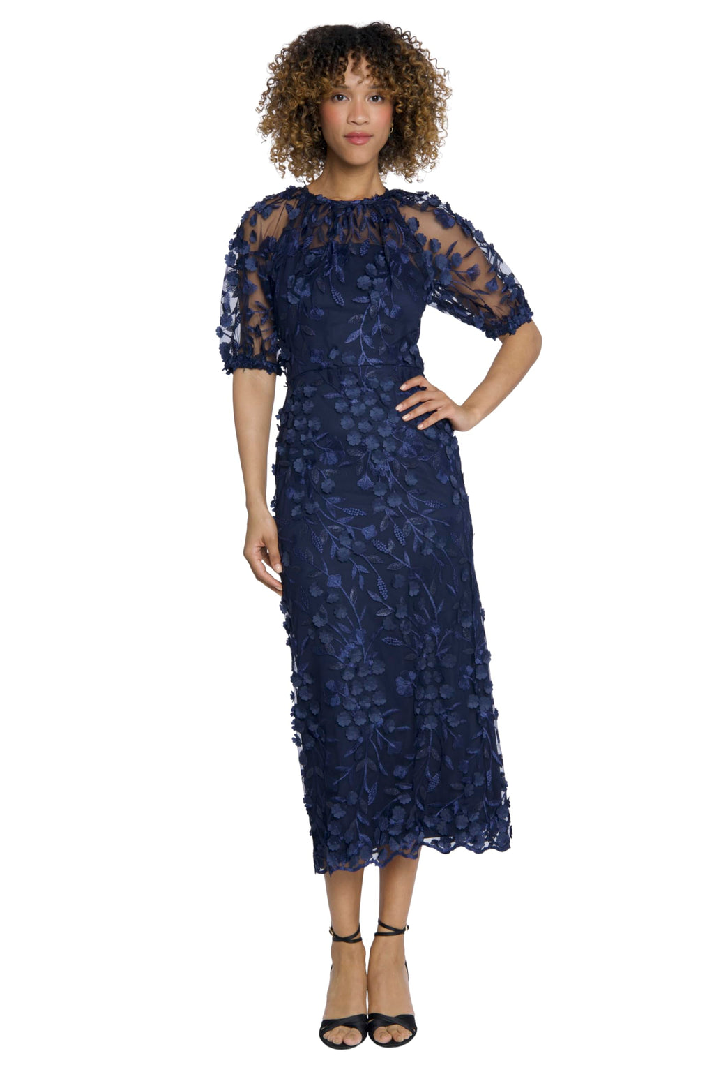 Maggy London Women's Dresses Elegant Illusion Neck Elbow Sleeves Midi Dress for Women | Cocktail Dresses for Women, Navy, 0