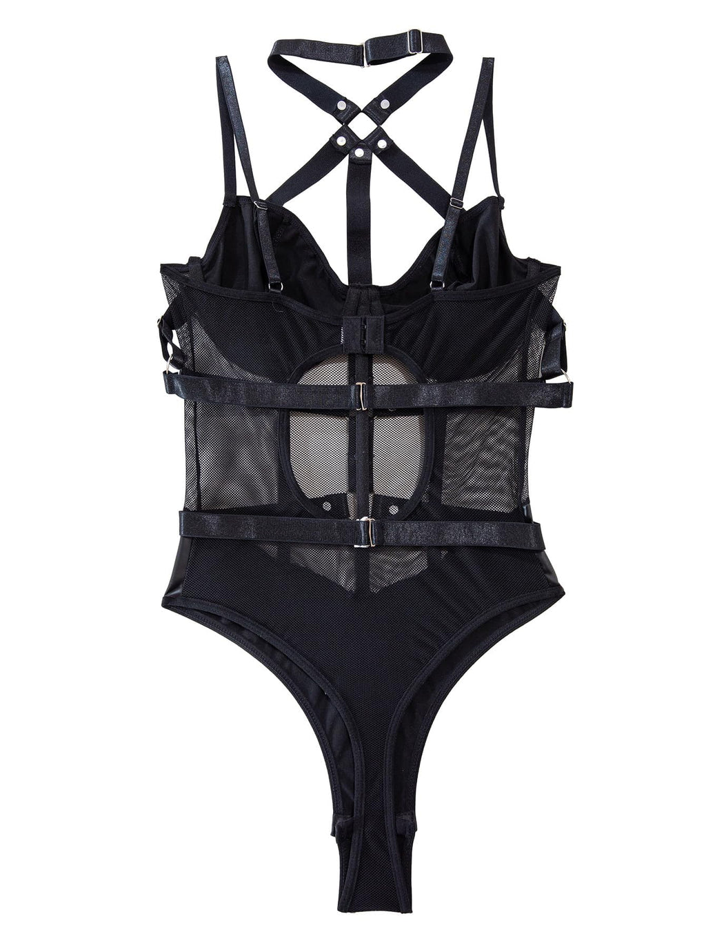 Lilosy Petite Sexy Crisscross Choker Leather Underwire Push Up Mesh Sheer Babydoll Women Harness Teddy Bodysuit Nightgown Nightshirt One Piece Pu Latex Black 2X-Small