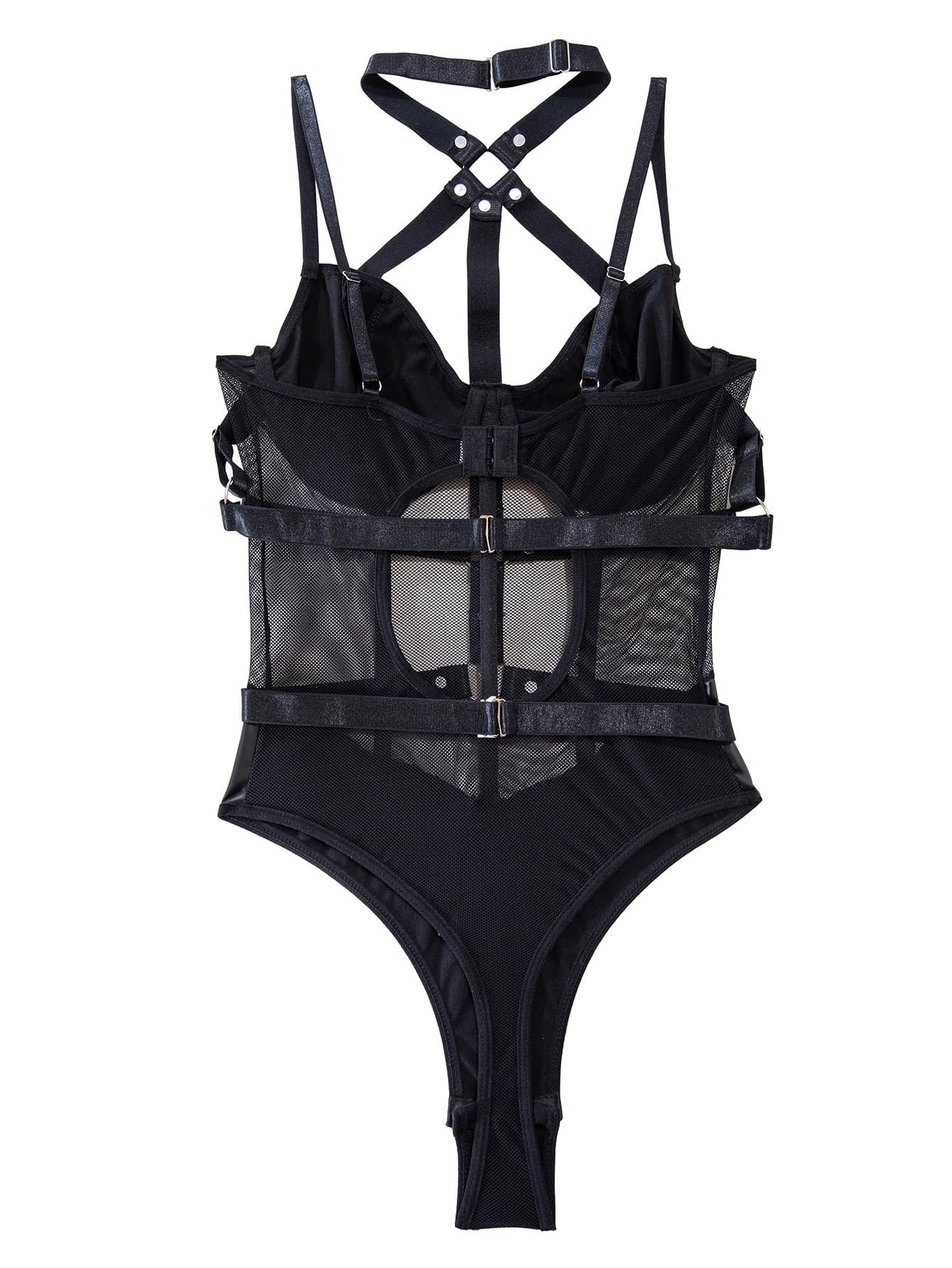 Lilosy Petite Sexy Crisscross Choker Leather Underwire Push Up Mesh Sheer Babydoll Women Harness Teddy Bodysuit Nightgown Nightshirt One Piece Pu Latex Black 2X-Small