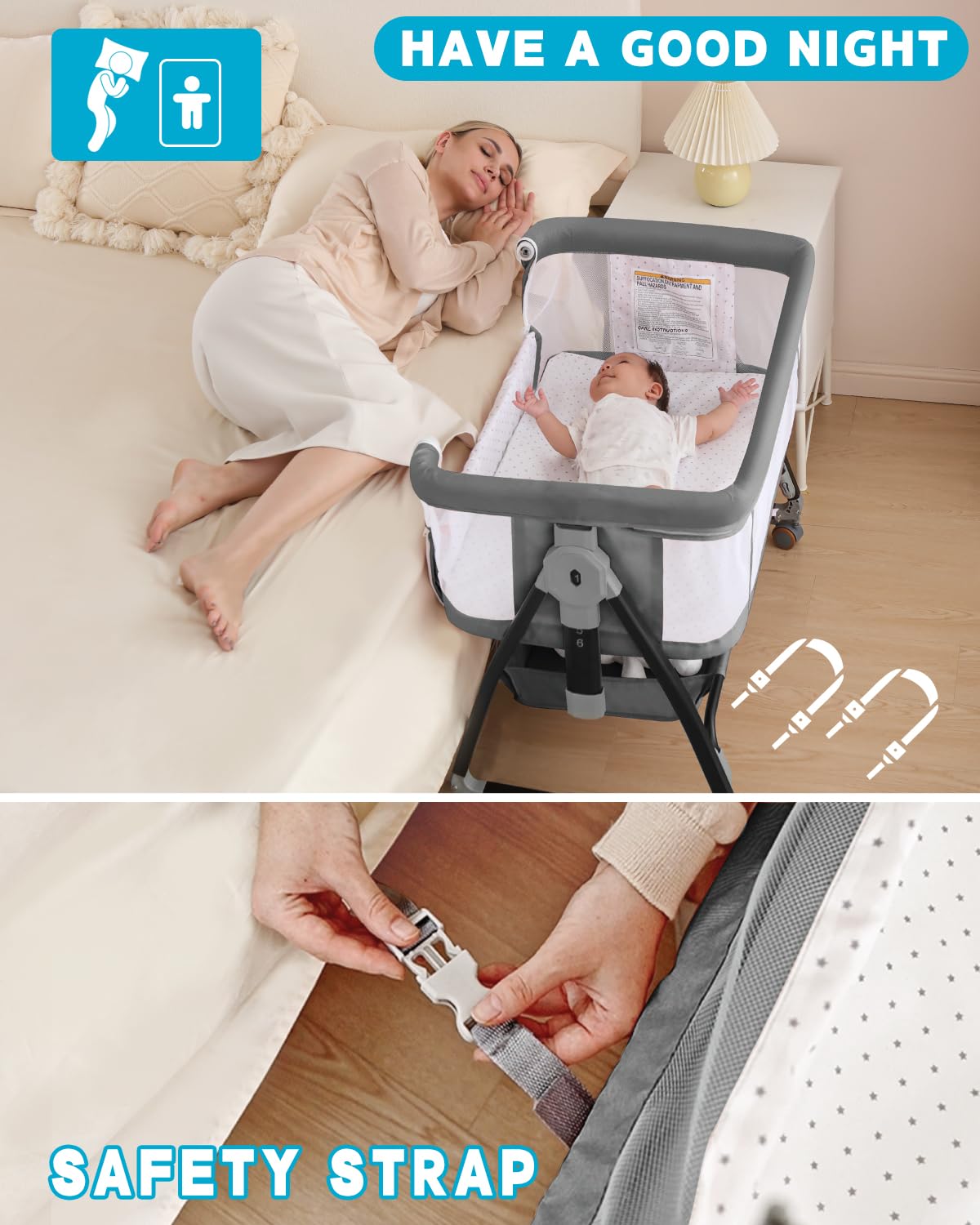 wayfong Baby Bassinet, Bassinet Bedside Sleeper with Wheels, Breathable Mesh Bedside Bassinet for Baby, Mosquito Net, Storage Basket, 6 Height Adjustable, Easy to Assemble