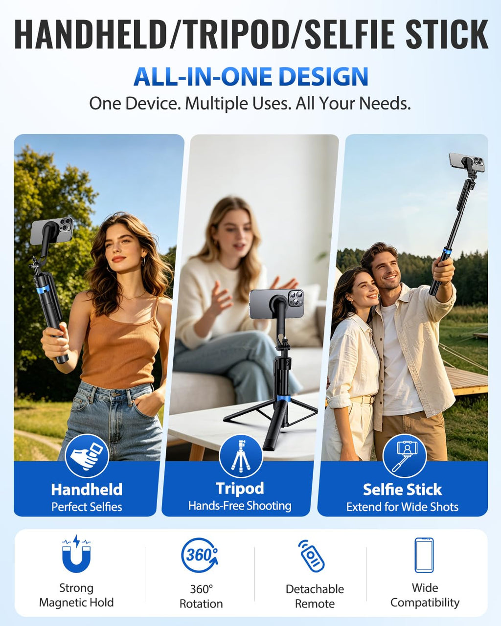 UBeesize 72” Auto Face Tracking Tripod for iPhone, MagSafe Selfie Stick with Remote, 360° Magnetic Phone Stand with Gesture Control for TikTok, Live Stream & Vlogging