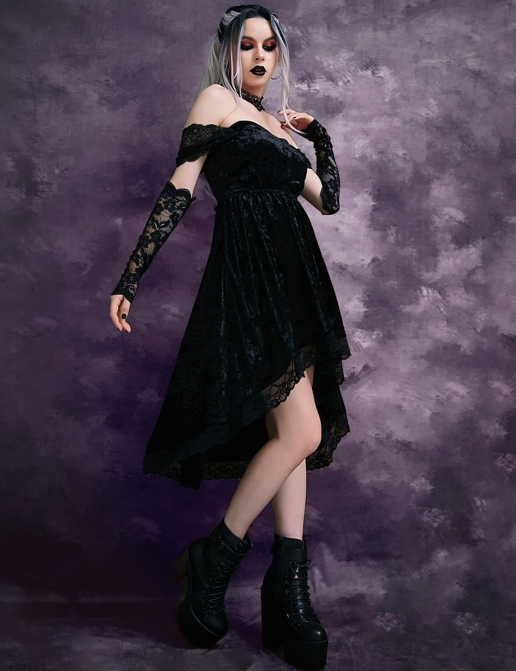 LANSHULAN Gothic Clothes Dress,Lace Mini Sleeveless Lace Draped Bodycon Goth Vintage Dresses Without Gloves Black