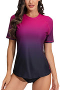Halcurt Women's Short Sleeve Rash Guard Swimsuit Top with Built in Bra Swim Shirt UPF50+ Quick Dry Bathing Suit Ombre Black Purple XL