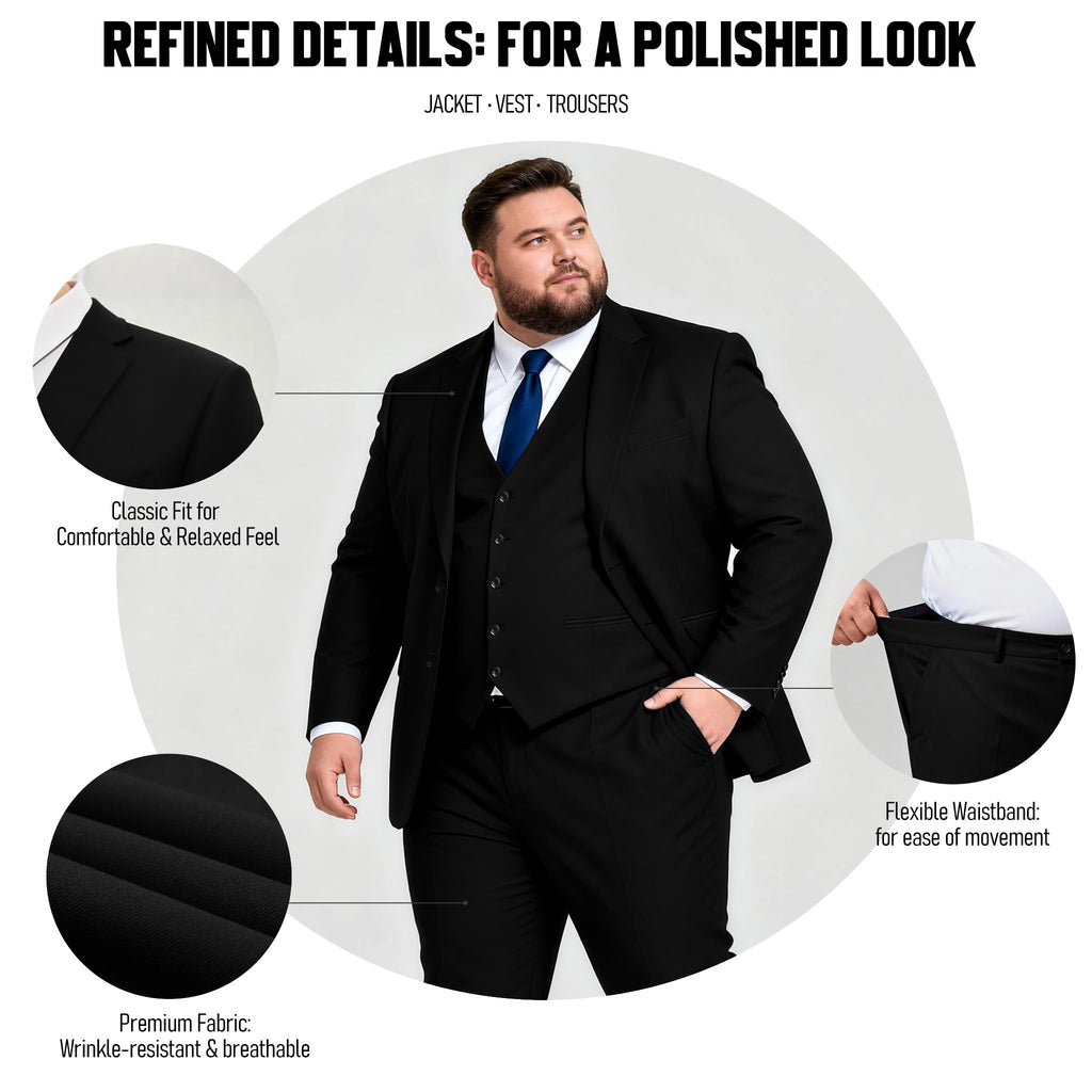 GATMSTZ 3 Piece Suits for Men Big and Tall Regular Fit Blazer Men Tuxedo Suit Set Classic Fit Jacket Vest Pants (Black,52R)