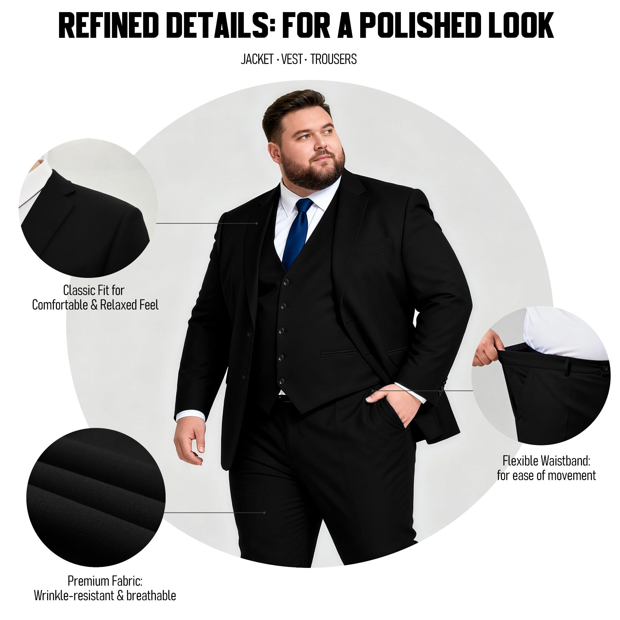 GATMSTZ 3 Piece Suits for Men Big and Tall Regular Fit Blazer Men Tuxedo Suit Set Classic Fit Jacket Vest Pants (Black,52R)