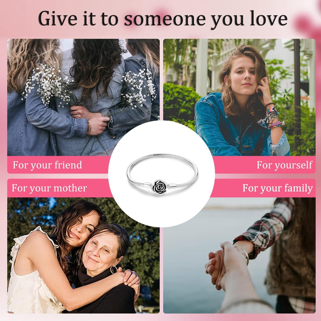 Heart Clasp Rose Snake Charm Bracelets for Women Sterling Silver, Travel Charm Moments European Bracelet Filigree Chain Dreamcatcher Bead Jewelry Compatible with Pandora Charms
