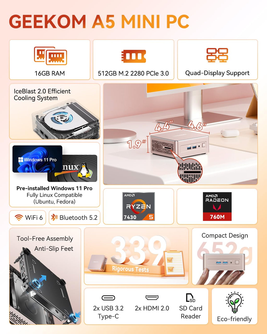 GEEKOM A5 Mini PC (3-Year Coverage) with AMD Ryzen 5 7430U, 16GB RAM(Expandable, Not LPDDR), 512GB NVMe SSD, Windows 11 Pro Desktop Computer, 8K Quad Display, HDMI 2.0, SD 4.0 Slot, Bunsiness Home