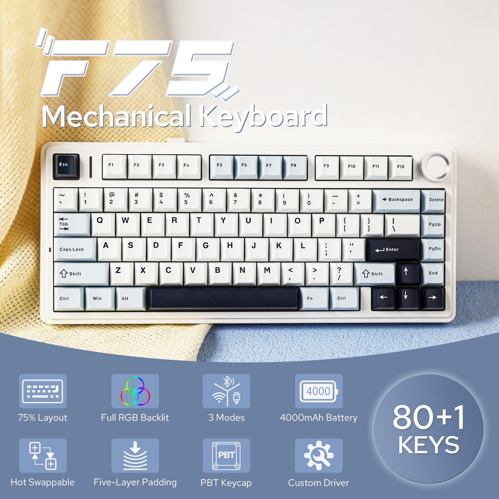 EPOMAKER x Aula F75 Gasket Mechanical Keyboard, 75% Wireless Hot Swappable Gaming Keyboard with Five-Layer Padding&Knob, BT/2.4GHz/USB-C, RGB (Light Blue, LEOBOG Reaper Switch)