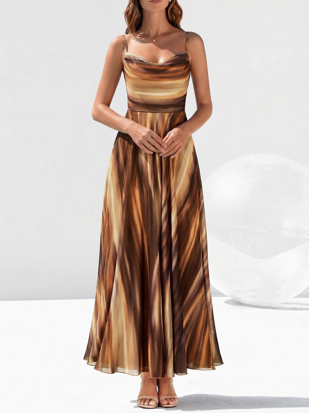 BTFBM Women Summer Floral Maxi Dresses Elegant Spaghetti Strap Dress Printed Party Dress Beach Long Dresses(Floral Brown,X-Large)