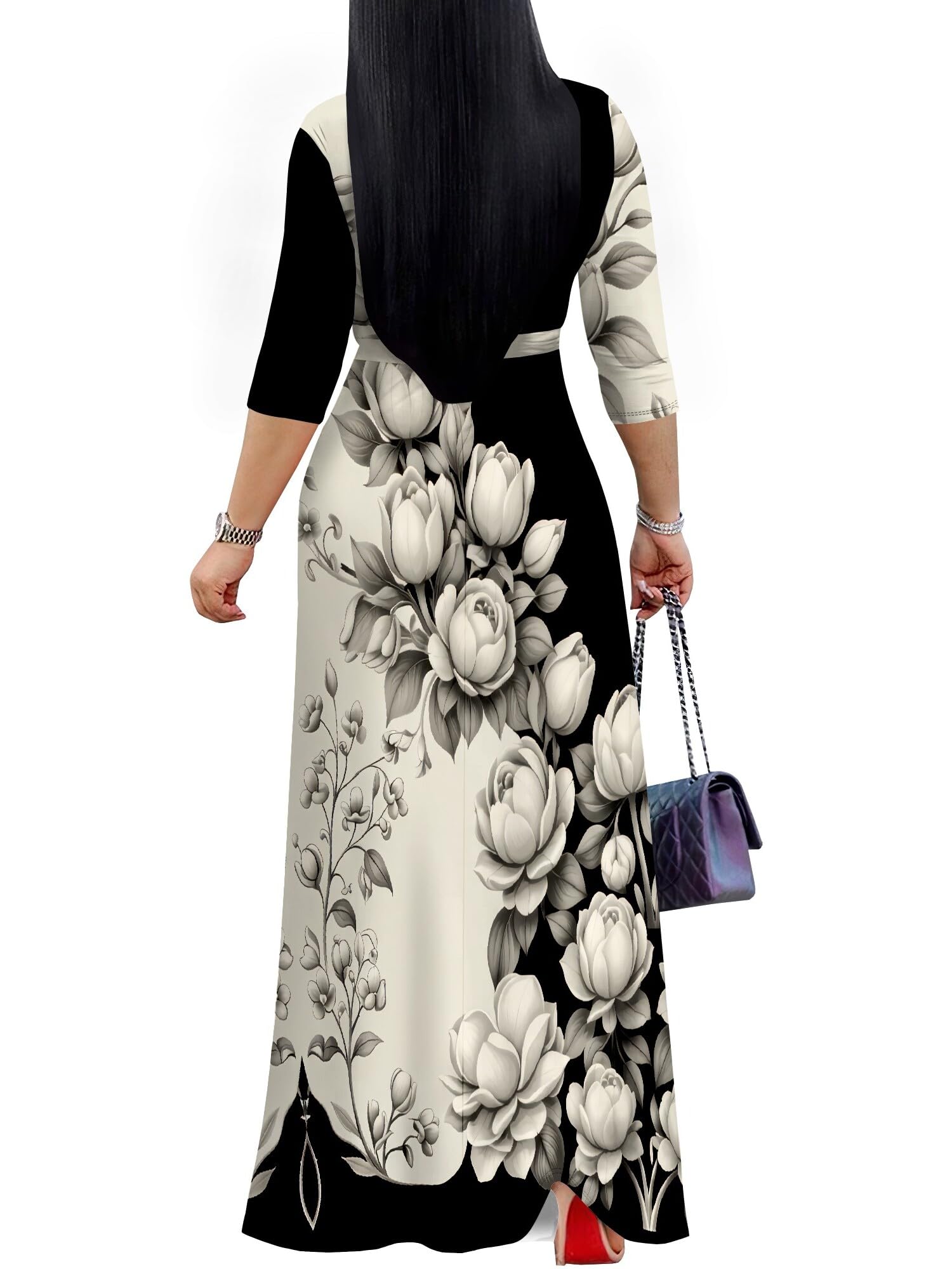 PinkPatty Plus Size Maxi Dress for Women 3/4 Sleeve V Neck Long Dress Casual Party Sundress with Belt (A-Floral Colorblock-Black/Beige 2XL)
