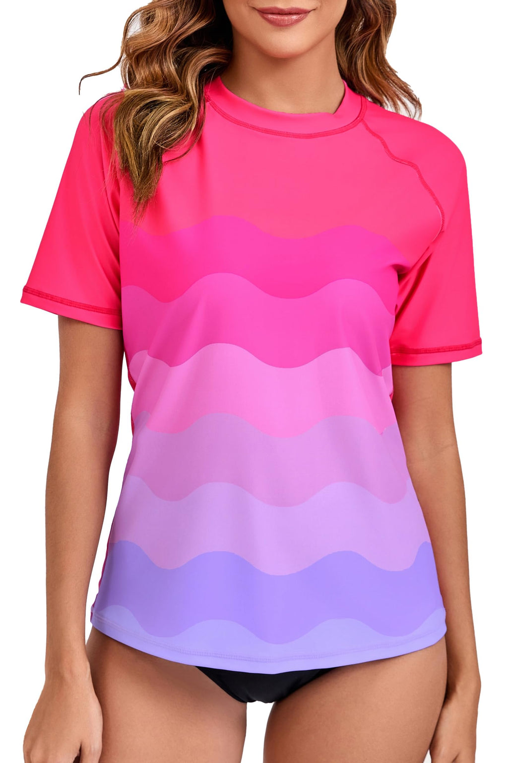 Halcurt Women's Short Sleeve Swim Shirt Rash Guard Swimsuit Top Only UPF50+ Sun Protection Bathing Suit Ombre Pink Light Purple M