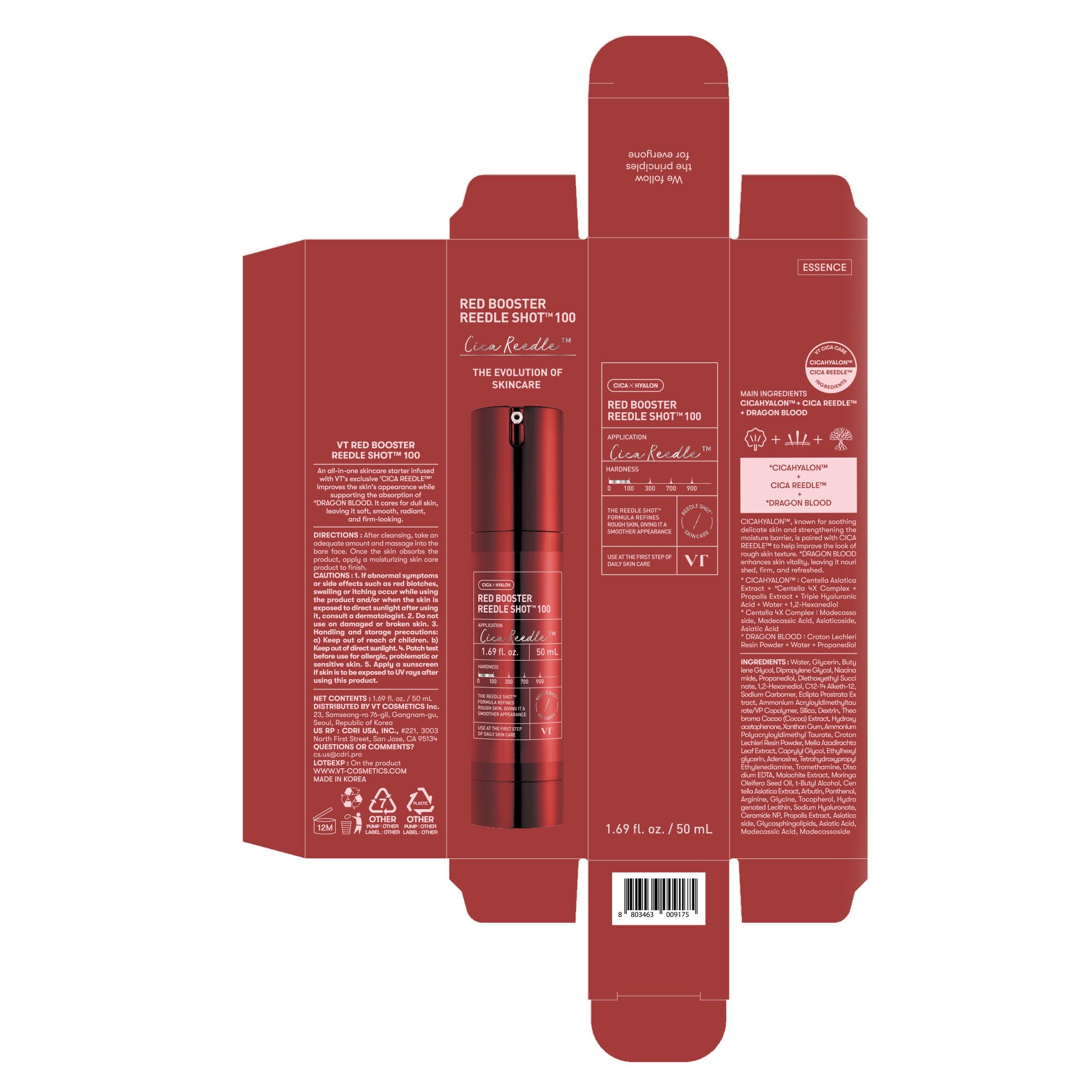 VT COSMETICS Red Booster Reedle Shot 100 Serum with Dragon’s Blood Extract & Exosome Microneedling Formula, Korean Skincare, 1.69 fl oz(50ml)