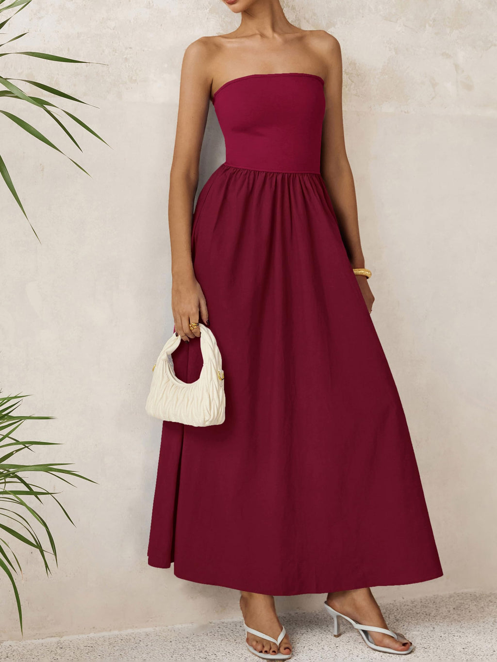 PRETTYGARDEN Women 2026 Summer Elegant Strapless Maxi Dress Tube Top Dress A Line Flowy Long Wedding Party Cocktail Dresses(Wine Red,X-Small)