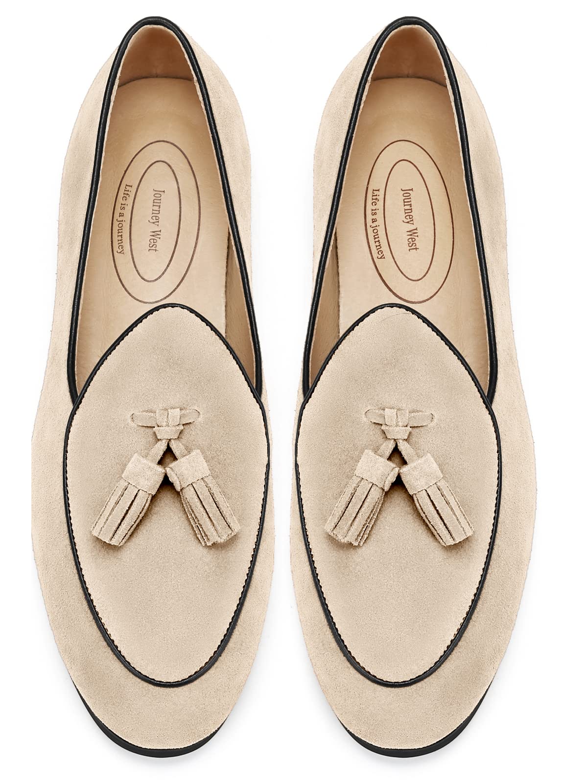 Journey West Men's Tassel Slip-on Loafer Belgian Suede Loafers Casual Leather Shoes for Men Beige US 7
