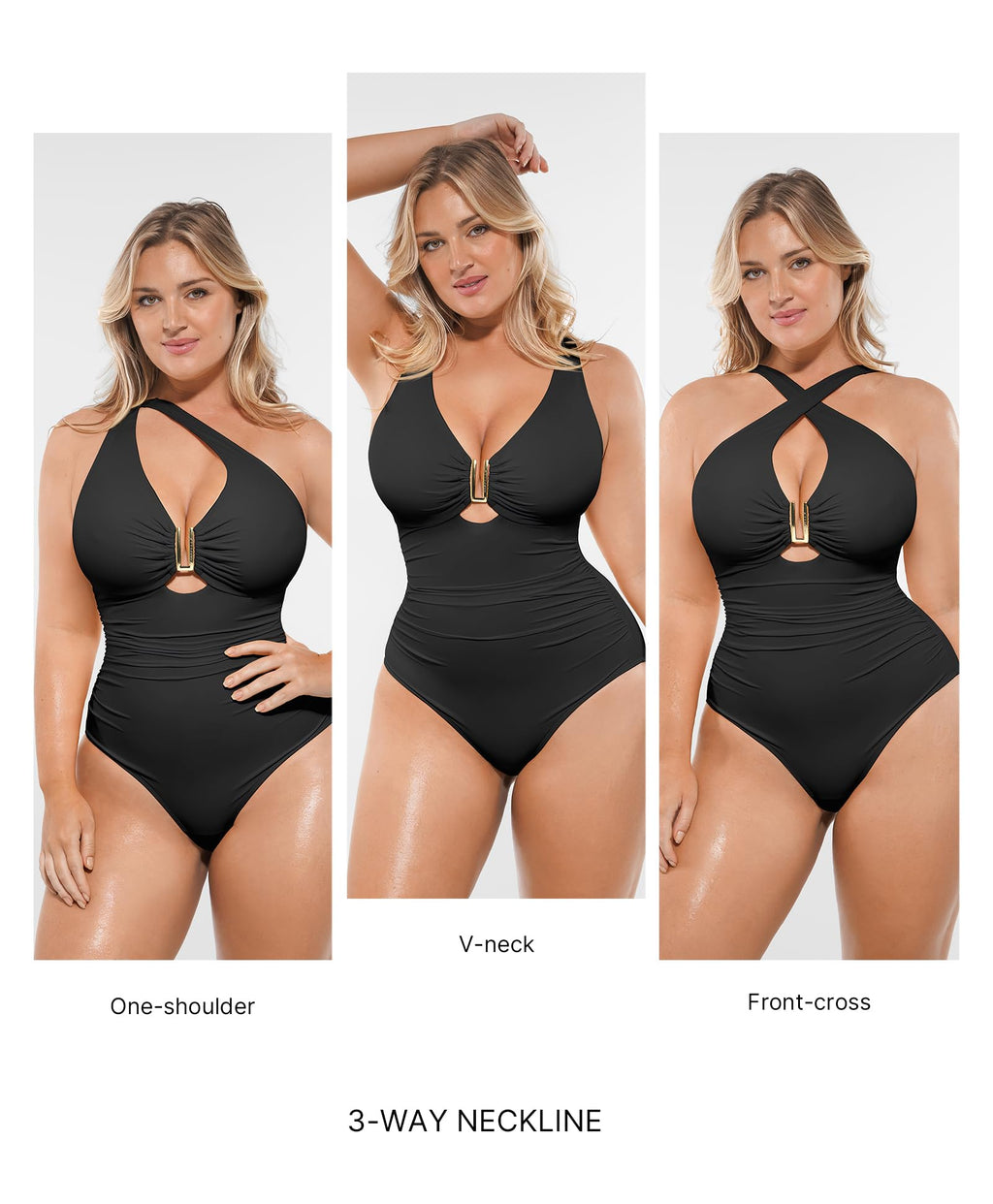 SHAPELLX Tummy Control Swimsuit for Women Ruched V Neck One Piece Bathing Suit Full Coverage Shapewear Swimsuits Black L