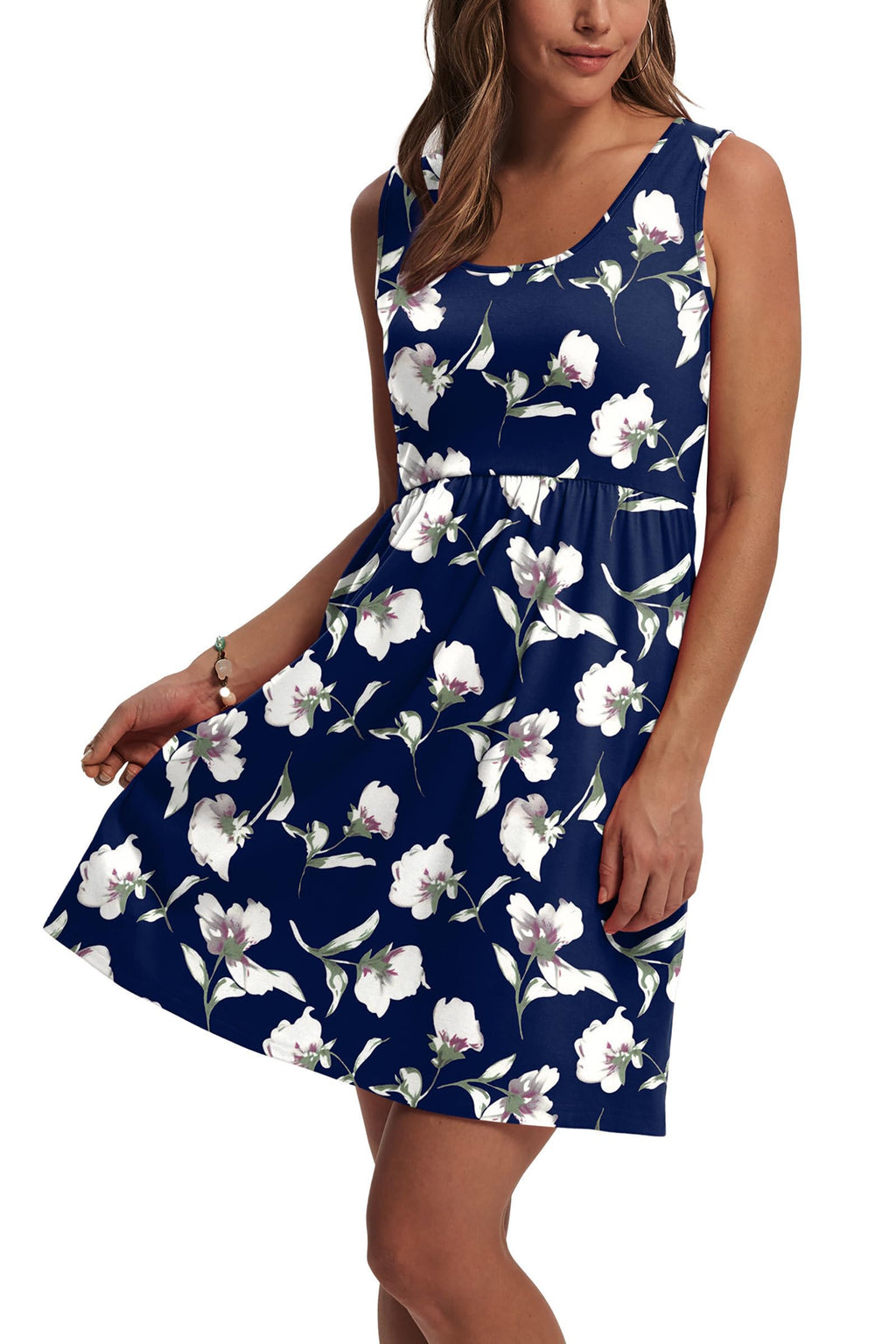 WIHOLL Womens Summer Dresses Beach Vacation Clothes Spring Dresses for Women Flowy Midi Boho Casual Wedding Guest Dress Sundresses 2026 Navy Print L