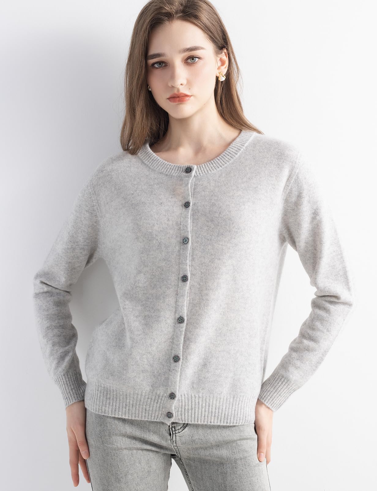 Chanyarn Women's 100% Pure Cashmere Cardigan Crew Neck Long Sleeve 2025 Fall Winter Warm Soft Knit Cardigan Sweater (Light Grey17056,M)