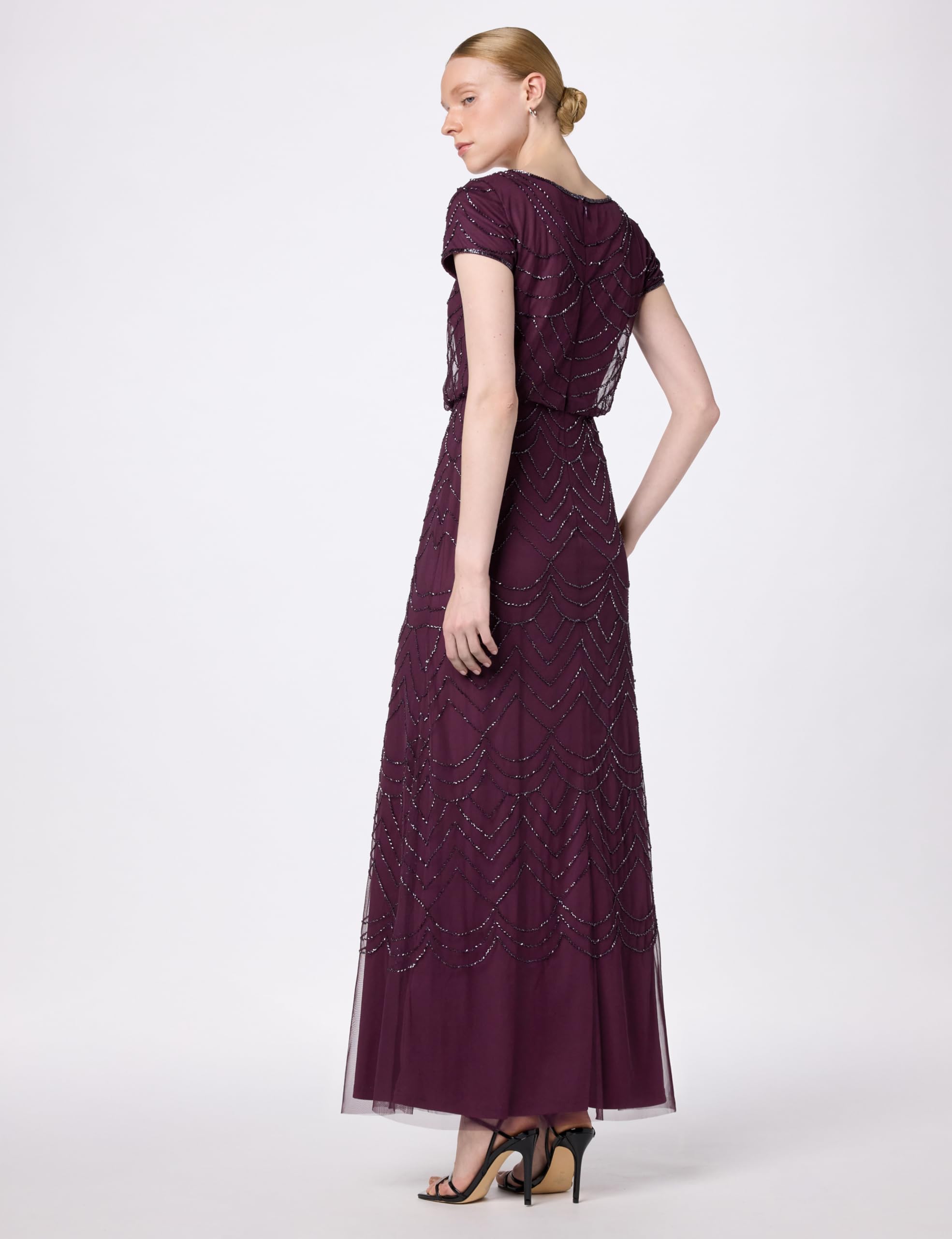 Adrianna Papell Women's Short Sleeve Blouson Beaded Gown Cassis 2