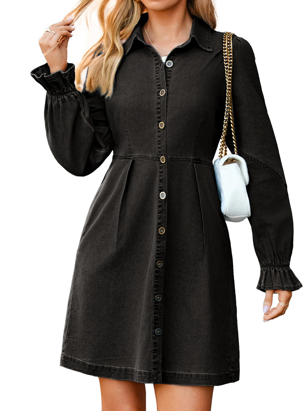 Simplee Womens Long Sleeve Black Denim Dress Casual V Neck Cotton Shirt Distressed Western Short Jean Dresses with Pockets(Denim Black L)
