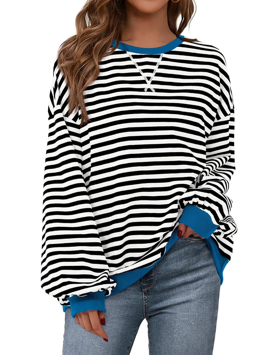 PRETTYGARDEN Women Striped Oversized Sweatshirt Color Block Crew Neck Long Sleeve Casual Pullover Top Spring Y2K Clothes (Black White, Small)