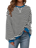PRETTYGARDEN Women Striped Oversized Sweatshirt Color Block Crew Neck Long Sleeve Casual Pullover Top Spring Y2K Clothes (Black White, Small)
