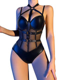 Lilosy Petite Sexy Crisscross Choker Leather Underwire Push Up Mesh Sheer Babydoll Women Harness Teddy Bodysuit Nightgown Nightshirt One Piece Pu Latex Black 2X-Small