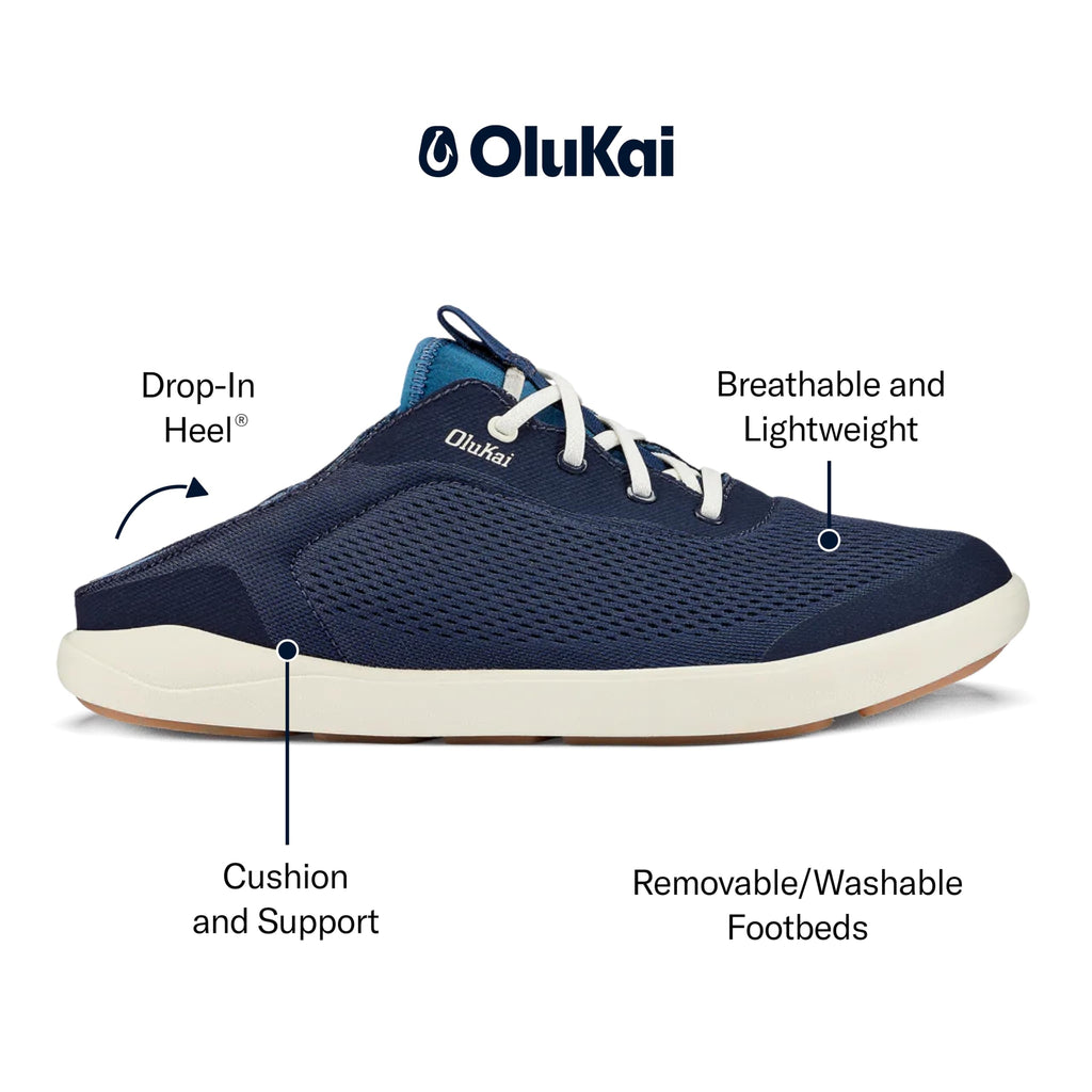 OLUKAI Moku Pae Men's Boat Shoes, Water Resistant & Breathable Mesh, Easy Slip On Design, Quick-Drying & Enhanced Traction, Trench Blue/Off White, 10.5