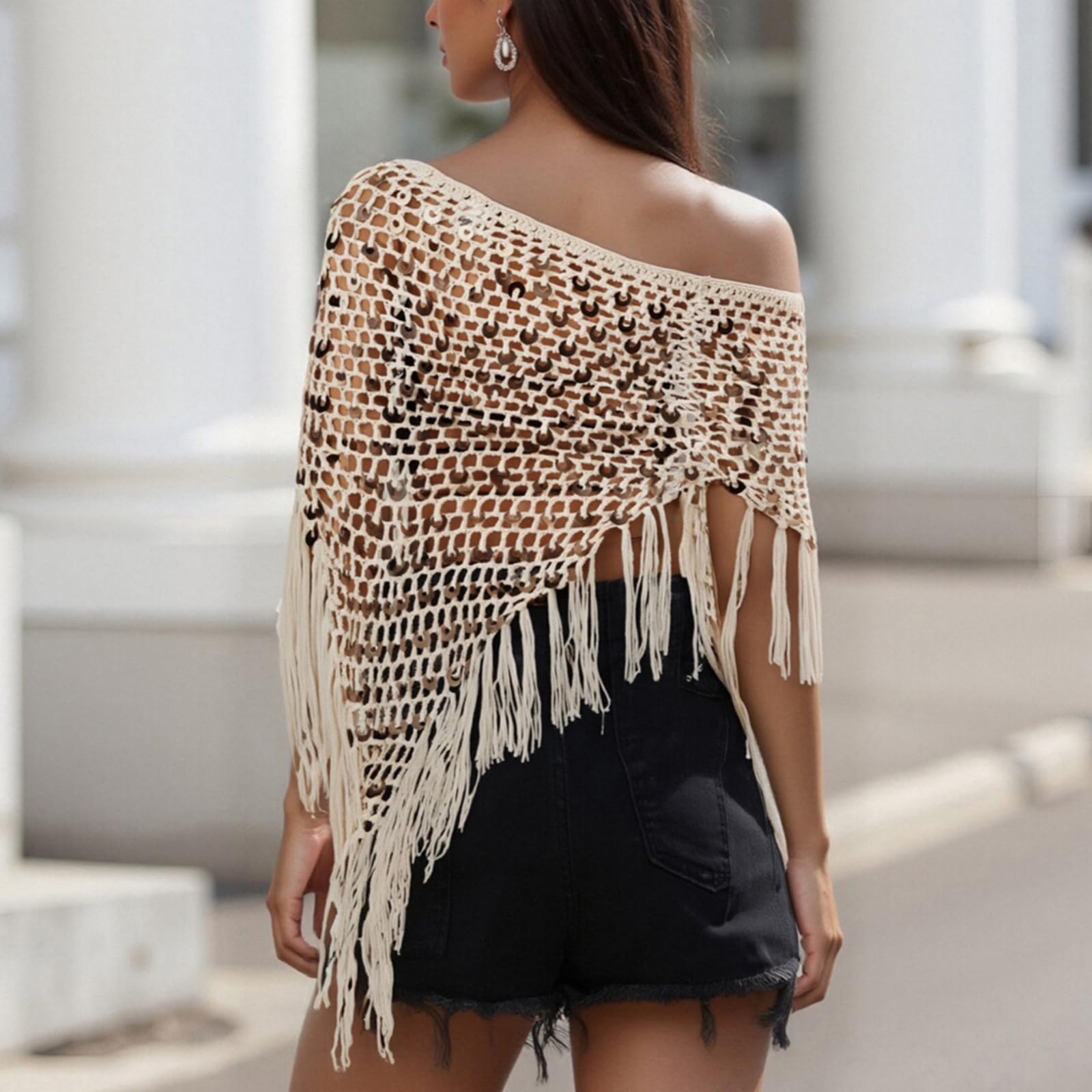 Women Sheer Poncho Top Lightweight Knit Crochet Shrug Bolero Mesh Batwing Sleeve Sweater Cover Up Beachwear