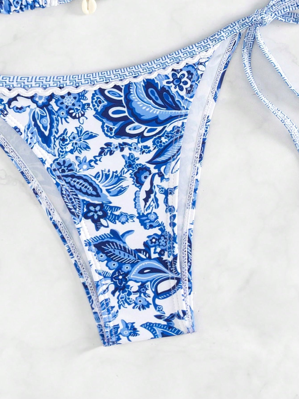WDIRARA Women's 2 Piece Boho Swimsuits Floral Print Halter String Triangle Bikini Set Beach Bathing Suit Blue and White Small