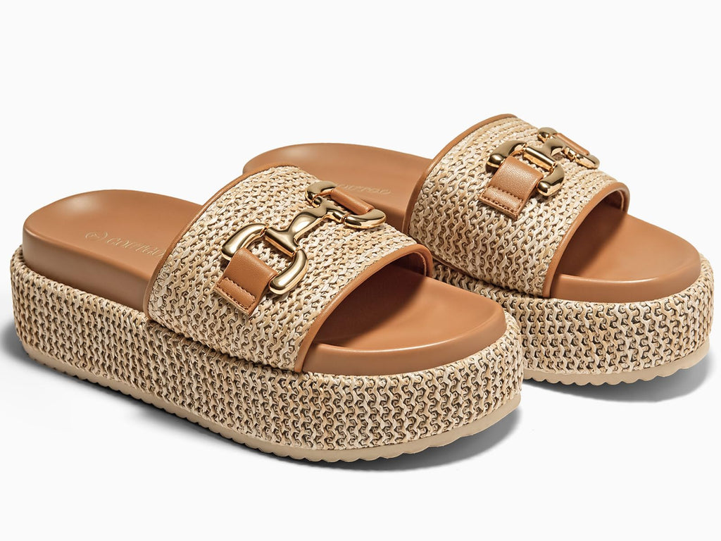 Coutgo Womens Platform Sandals Raffia Espadrilles Metal Chain Slip on Open Toe Cute Beach Slide Sandals