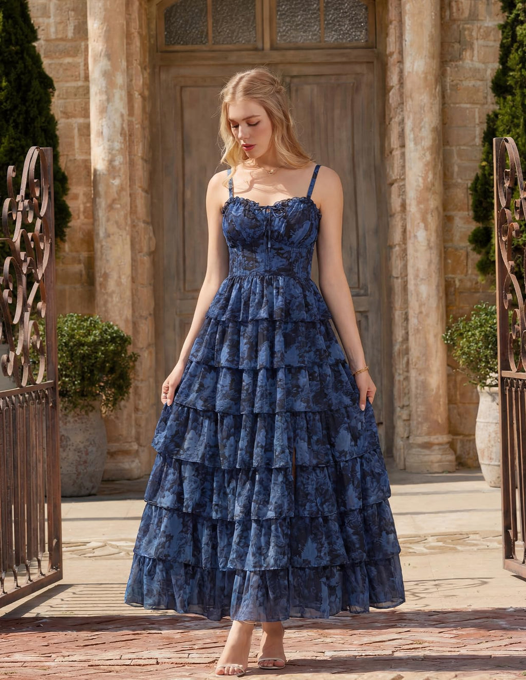 Scarlet Darkness Women's Floral Corset Wedding Guest Dress Lace Up Summer Spring Tiered Formal Maxi Dresses