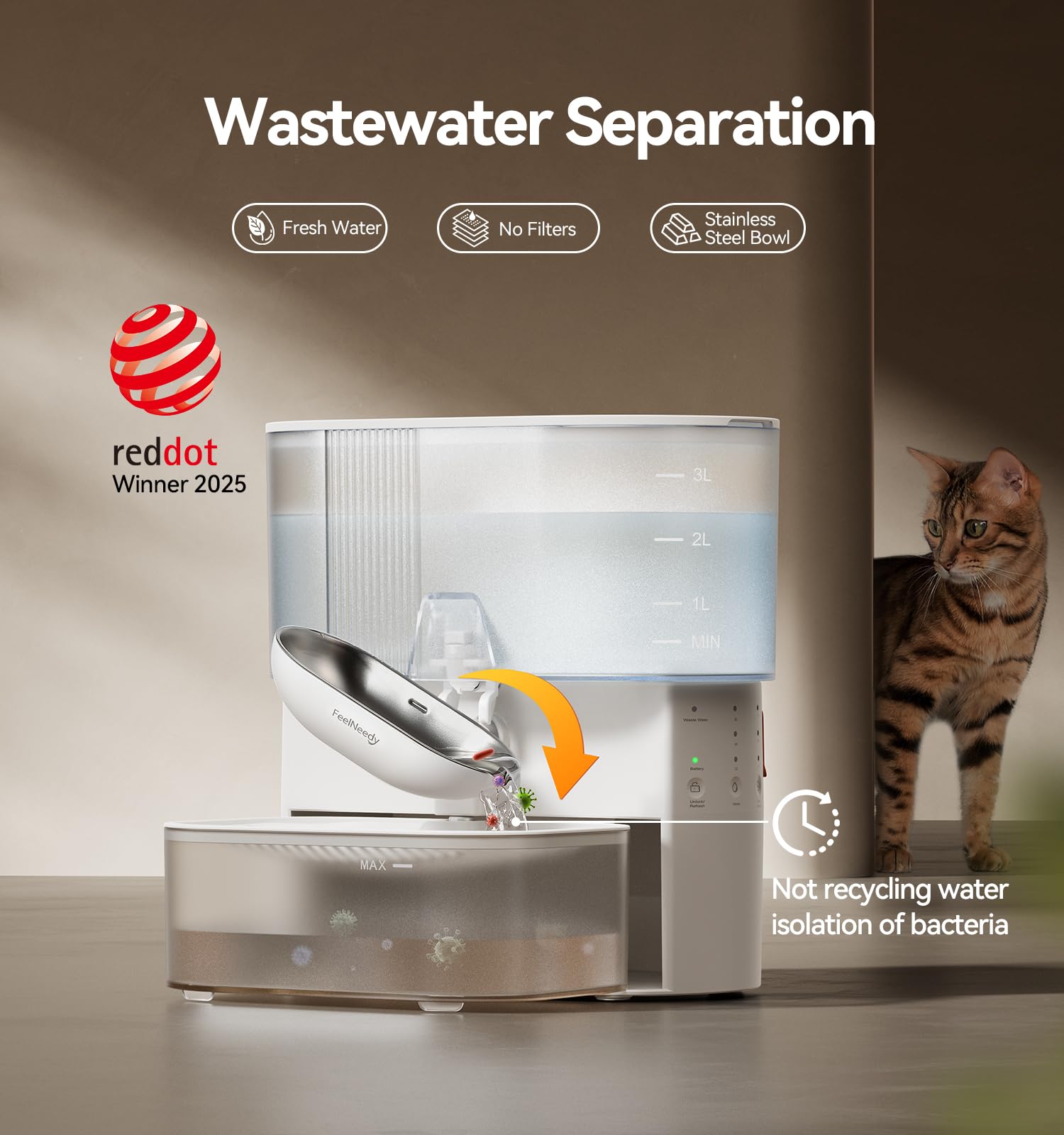 Wireless Cat Water Fountain No Filters, Wastewater Separation, FEELNEEDY Stainless Steel Bowl, 3.5L Pet Water Fountain for Cats & Dogs Dispenser, White