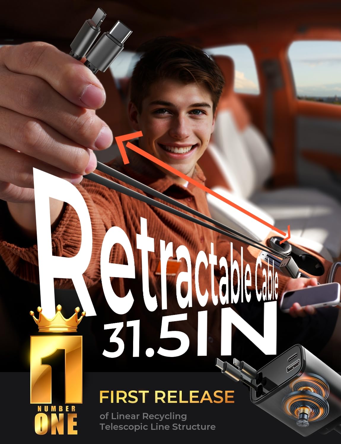 LISEN Retractable Car Charger, 69W Cars Adapter USB C Fast Charger for iPhone 17 Pro Max 16, Car Accessories for Valentines Day Gifts for him Her Birthday Gifts for Men Women 2026 Tech Gadgets for Men