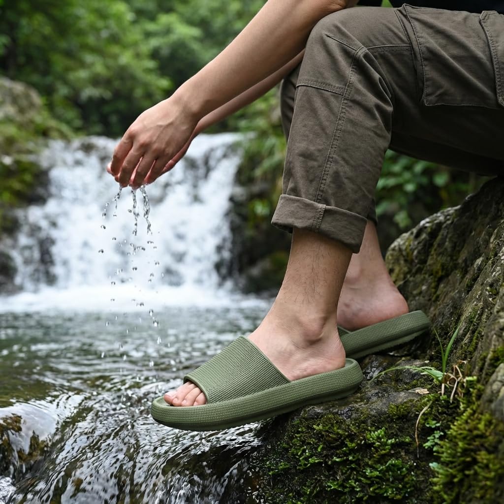 CUSHIONAIRE Feather EVA Mens Sandals – Slip On Recovery Slides, Lightweight Water Shoes for Men, GREEN 12