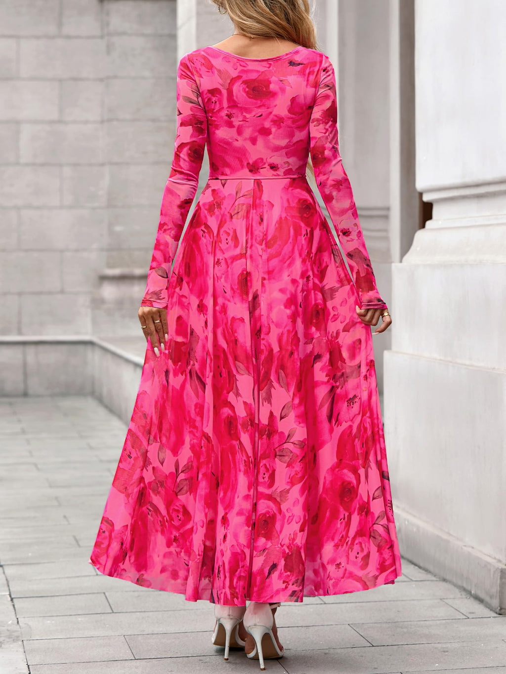 BTFBM Women Maxi Dress Fall 2026 Fashion Elegant Long Sleeve Square Neck Floral Print Party Club Wedding Guest Dresses(Floral Pink,Small)