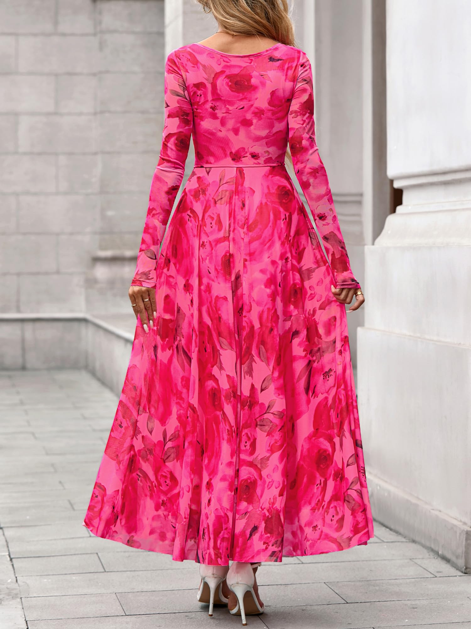BTFBM Women Maxi Dress Fall 2026 Fashion Elegant Long Sleeve Square Neck Floral Print Party Club Wedding Guest Dresses(Floral Pink,Small)