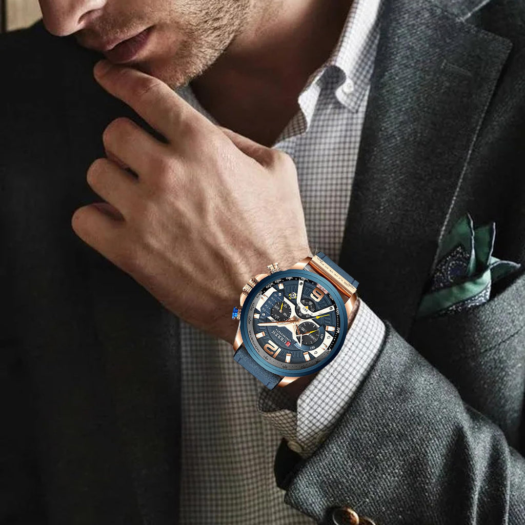 FANMIS Mens Luxury Watches Business Chronograph Dress Waterproof Leather Strap Analog Quartz Wrist Watch (Blue Rose)