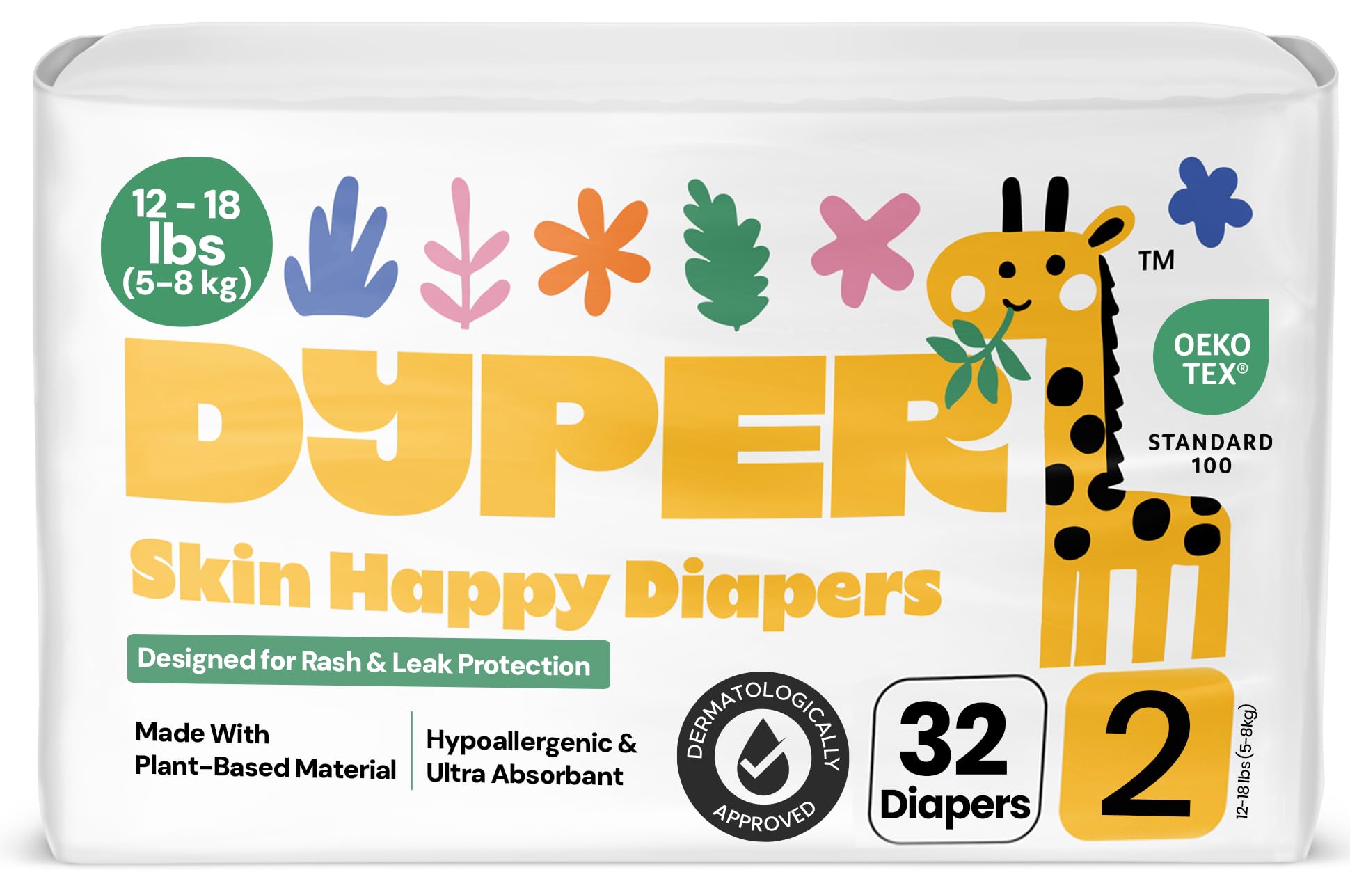 DYPER - Baby Diapers Size 2 (32 Count) - Plant Based Disposable Diapers for Day and Overnight Premium Leak Protection, Skin-Friendly Comfort with Soft Size 2 Diapers (12-18 lbs)