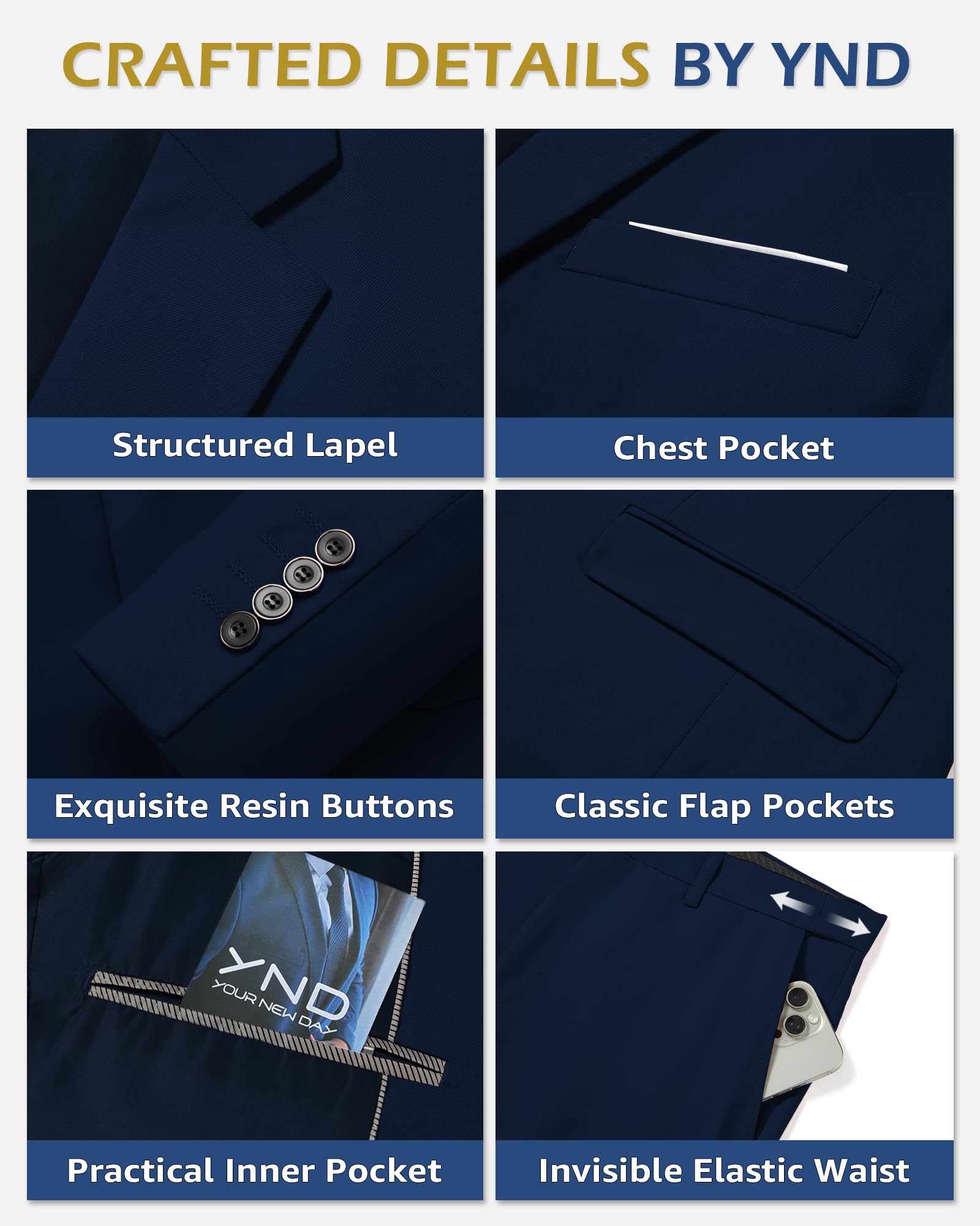 YND Men's Slim Fit 2 Button 3 Piece Suit Set, Blazer Jacket Vest Pants and Tie, Solid Wedding Dress Tux and Trousers Deep Blue