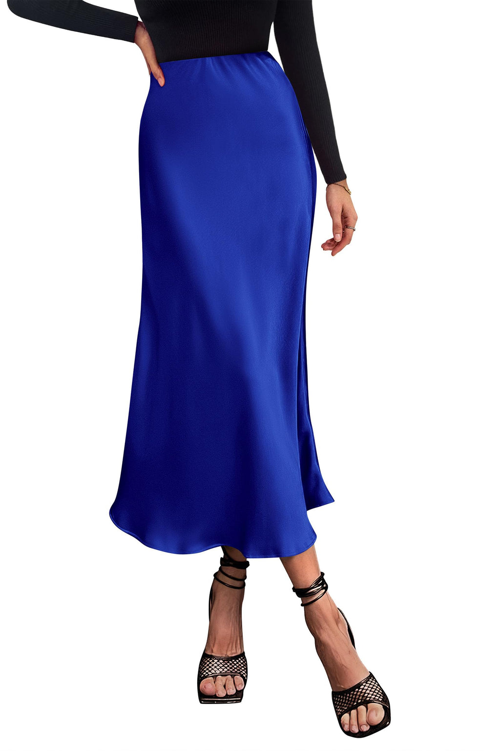 PRETTYGARDEN Women's Satin Skirts Dressy Casual 2025 Fall High Waisted Cocktail Wedding Flowy Elegant A Line Midi Skirt (Royal Blue,X-Large)