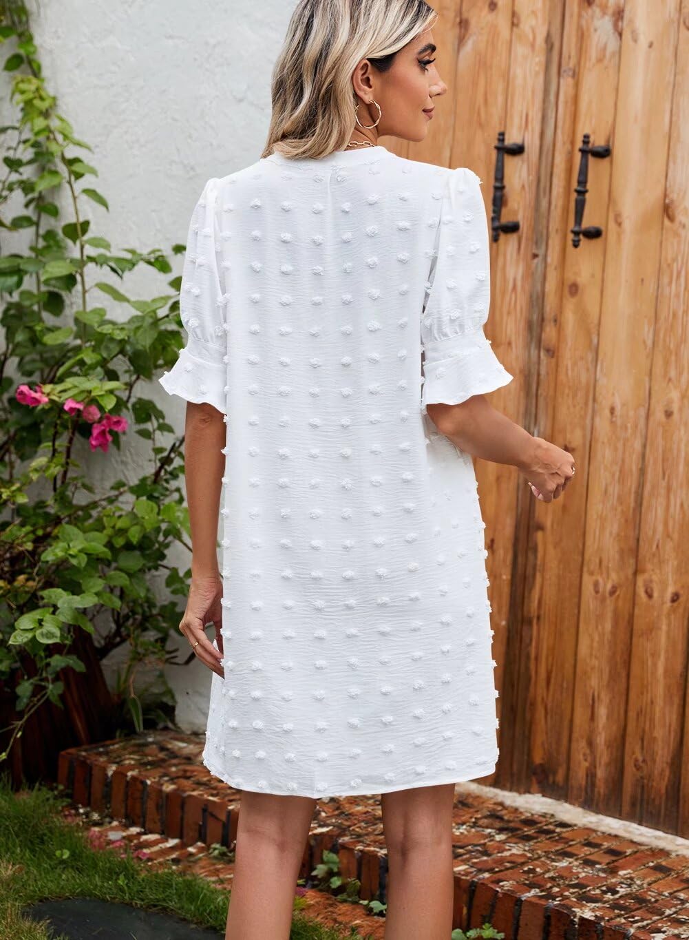 QACOHU Women's 2026 Spring Summer Casual Dress Short Sleeve V-Neck Midi Dress Ruffle Spring Summer Chiffon Dress White L
