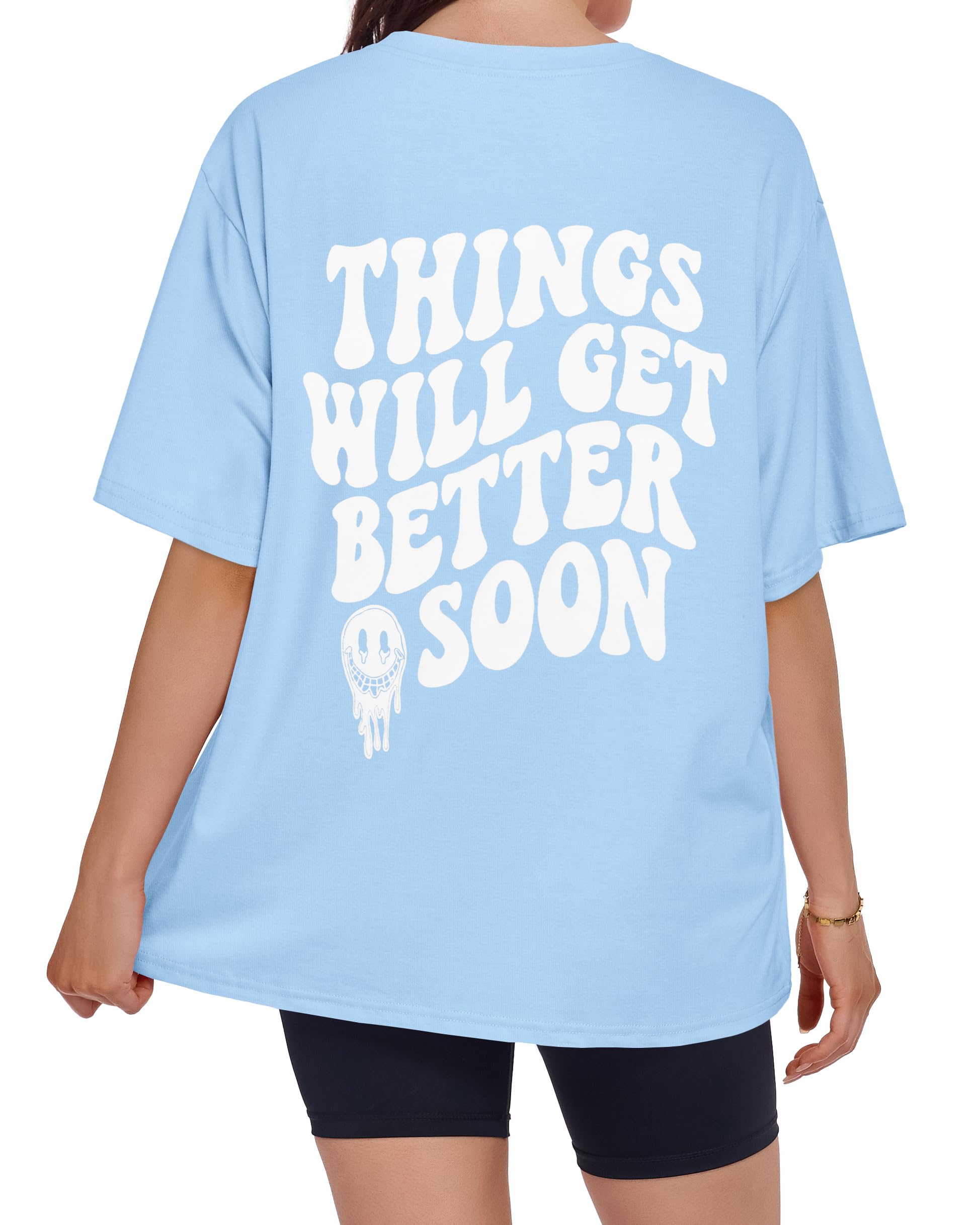 ADOREJOY Oversized Tshirts for Women Crewneck Summer Graphic Tees Short Sleeve Loose Basic Tops, Blue White Print, L