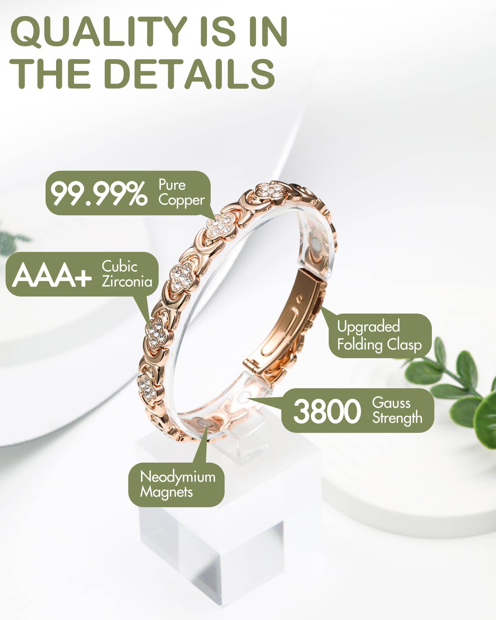 Feraco Pure Copper Bracelets for Women, Ultra Strength Magnetic Bracelet with 3800 Gauss Magnets & Sparkling Zirconia, Adjustable, Infinite Clover Jewelry (Rose Gold)