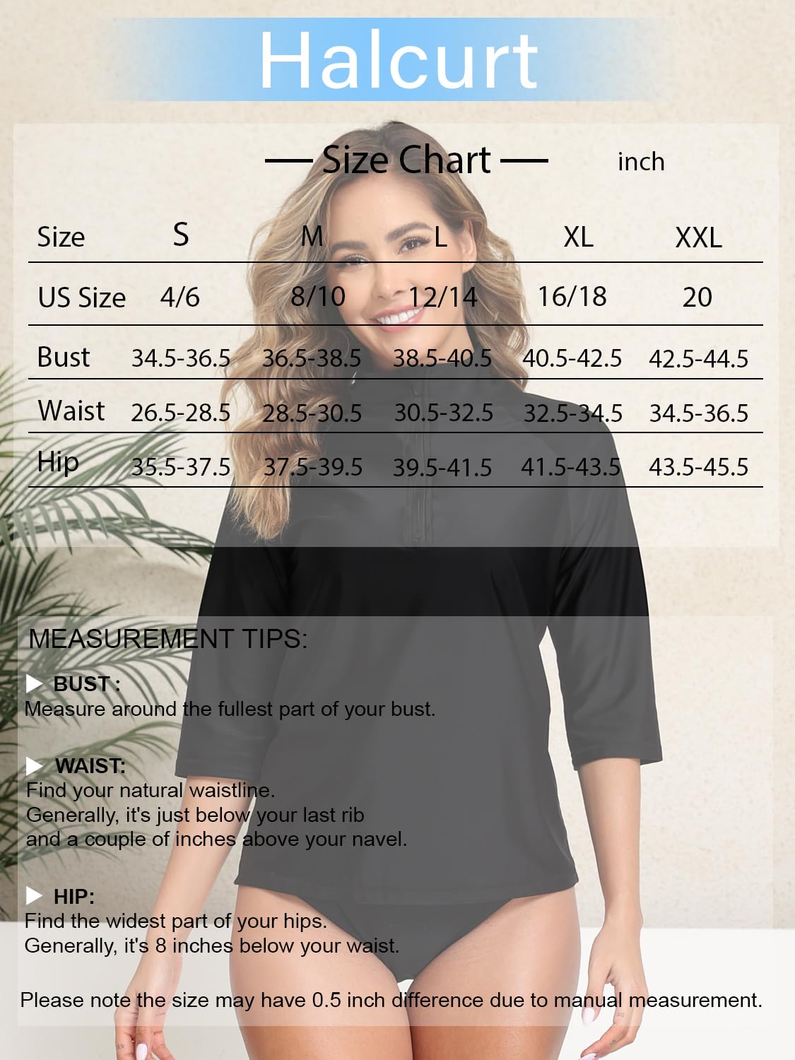 Halcurt Women's 3/4 Sleeve Rash Guard Swimsuit Top High Neck Half Zip Swim Shirt Only UPF50+ Quick Dry Bathing Suit Black M