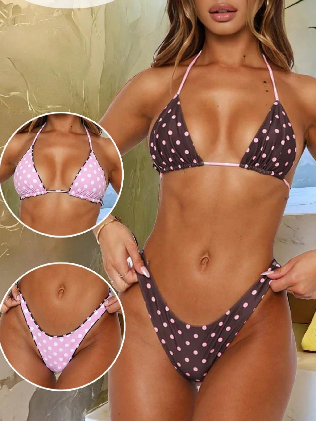 WDIRARA Women's Polka Dots Reversible Bikini Set Halter Triangle Swimsuit 2 Piece High Cut Bathing Suit Coffee Brown Small